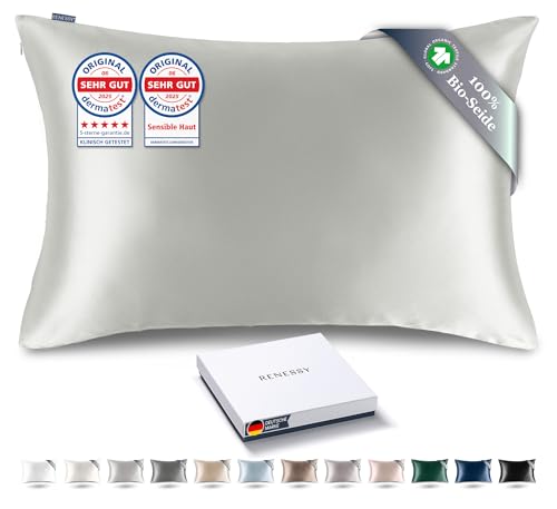 RENESSY Kissenbezug aus 100% Bio-Seide 40x80 cm - 22 Momme Maulbeerseide, Güteklasse 6A, Oeko-Tex zert. in Deutschland - Luxus für Haar und Haut, 1 Stück (Hellgrau) von RENESSY