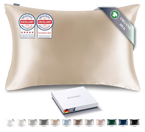 RENESSY Kissenbezug aus 100% Bio-Seide 50x90 cm - 22 Momme Maulbeerseide, Güteklasse 6A, Oeko-Tex zert. in Deutschland - Luxus für Haar und Haut, 1 Stück (Champagner) von RENESSY