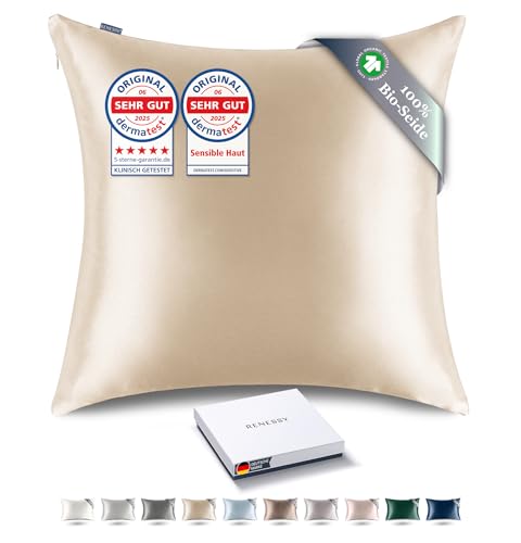 RENESSY Kissenbezug aus 100% Bio-Seide 80x80 cm - 22 Momme Maulbeerseide, Güteklasse 6A, Oeko-Tex zert. in Deutschland - Luxus für Haar und Haut, 1 Stück (Champagner) von RENESSY