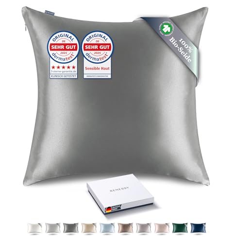 RENESSY Kissenbezug aus 100% Bio-Seide 80x80 cm - 22 Momme Maulbeerseide, Güteklasse 6A, Oeko-Tex zert. in Deutschland - Luxus für Haar und Haut, 1 Stück (Graphitgrau) von RENESSY