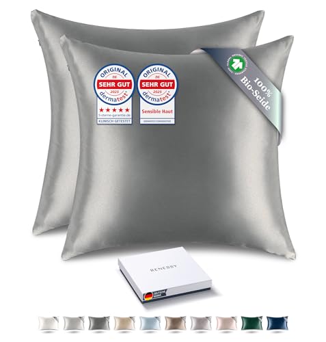 RENESSY Kissenhüllen aus 100% Bio-Seide 40x40 cm (2-Pack) - 22 Momme Maulbeerseide, Güteklasse 6A, Oeko-Tex zert. in Deutschland - Luxus für Haar und Haut (Graphitgrau) von RENESSY