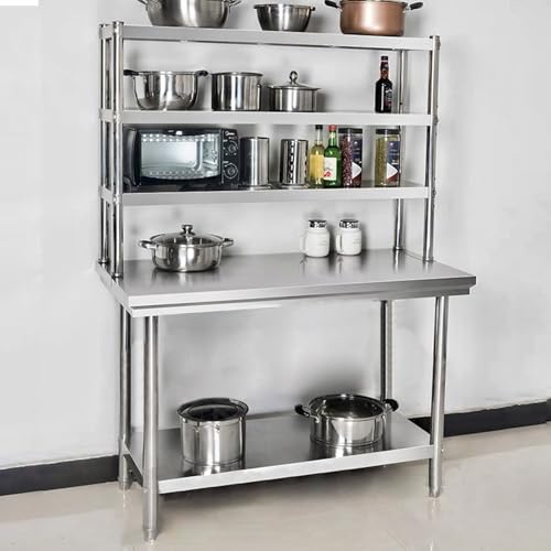 RENLXFI Metall Lebensmittelzubereitung Tisch Mit 30cm Breitem 3-stufigem Überregal, Offener Basis Edelstahl Arbeitstisch Für Grill/Küche, Gewerblicher Arbeitstisch Gastro(LxWxH 120x80x160cm) von RENLXFI