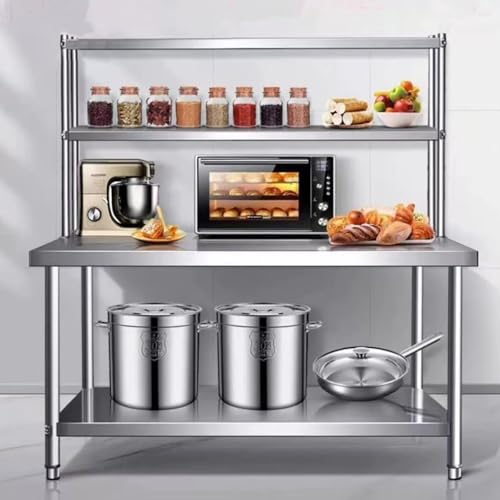 RENLXFI Open Base Stainless Steel Table, 55" 63" Tall Metal Kitchen Prep Table with 2 Adjustable Tier Overshelves, Large Double Layer Worktable Workbench(H 55"/1.4m,39.4x19.7in/100x50cm) von RENLXFI