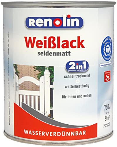 Renolin 750 ml Weißlack 2in1 Seidenmatt, wasserverdünnbar, wetterbeständig, innen & außen von RENOLIN