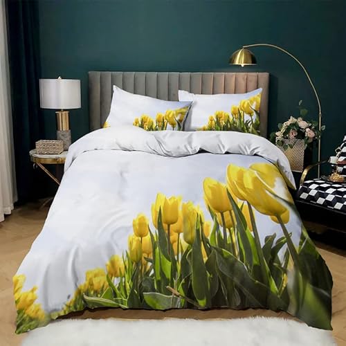 RENTRA Bettwäsche 200x220 Gelbe Tulpen 3-teiliges Bettwäsche-Sets mit Reißverschluss Weicher und atmungsaktiver Mikrofaser-Bettbezug und 2 Kissenbezüge 80 x 80 cm für Jugendliche von RENTRA