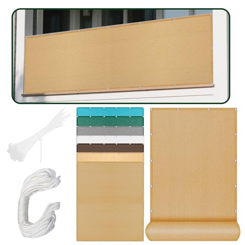 Atmungsaktiv Sonnensegel 250 x 455 cm Rechteckig Atmungsaktiv Sonnenschutz Windschutz Shading Garden Sunshade Net mit Ösen Segeltuch 4 × 1.5 M Seile für Balkon Terrasse, Sandgelb von RENXTAO