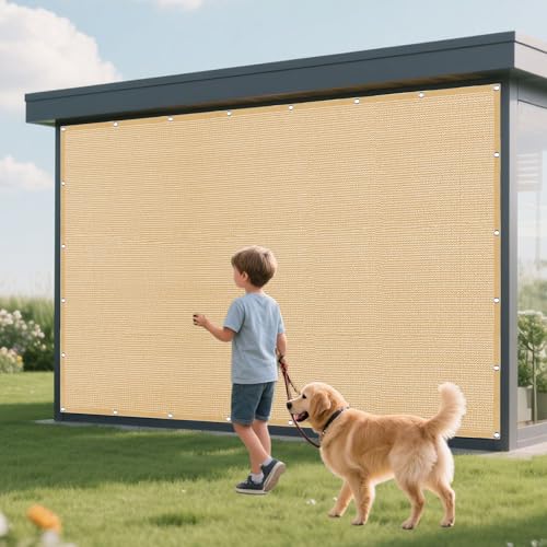 Sonnensegel Sonnenschutz 370 x 380 cm Rechteckig Atmungsaktiv 98% UV Schutz Baldachin Garten Segel mit Spannseilen mit Ösen für Garten Balkon, Sandgelb von RENXTAO