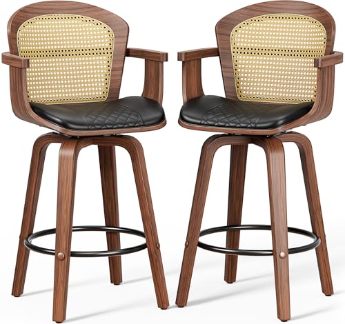 Rattan-Barhocker, 2er-Set, 66 cm, Bugholz-Barhocker mit Armlehnen, moderne Thekenhöhe, drehbare Barstühle aus PU-Leder, Thekenhocker mit Rattan-Rückenlehne und Fußstütze für Zuhause, Kücheninseln von REONEY