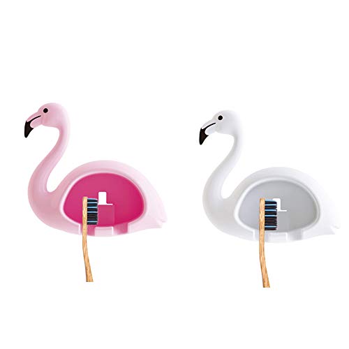 Reoohouse Zahnbürstenhalter mit niedlichem Flamingo-Muster, für Dusche, Badezimmer, 2 Stück, Rosa, Weiß von REOOHOUSE