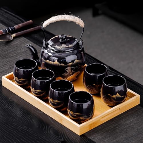 REOWONU Traditionelles japanisches Tee-Set, japanisches Teekannen-Set, asiatisches schwarzes glasiertes Teeset mit 1 Teekanne, 6 Teetassen, 1 Teesieb, 1 Teetablett (Querformat) von REOWONU
