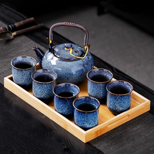 REOWONU Traditionelles japanisches Tee-Set, ofenveränderte Glasur, Porzellan-Tee-Set mit 1 Teekanne, 6 Teetassen, 1 Teetablett, japanisches Teekannen-Set, asiatisches Tee-Set (Ofen-verändertes Blau) von REOWONU