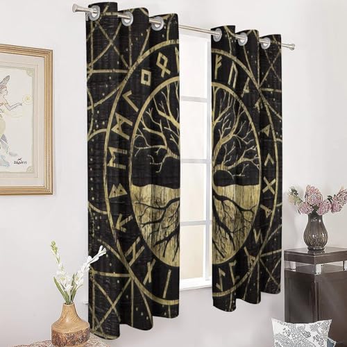 REPALY Lebensbaum der Wikinger Vorhang, Nordischer Mythos Yggdrasil Symbole Kunst Blackout Fenster Vorhänge, Innen Dekoration 2 Panels Set (Color : Yggdrasil F, Size : 52"x84") von REPALY