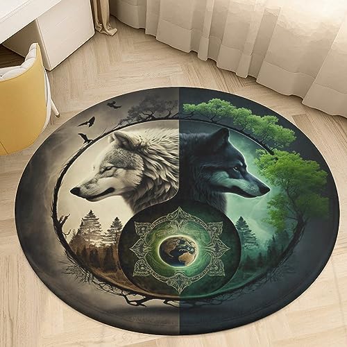 Runder Teppich mit 3D-Druck, Wikinger-Wolf, Einzigartiger Nordischer Mythos, Heimdekoration, Weiche, rutschfeste, Waschbare Matte für Schlafzimmer, Wohnzimmer, Büro (Color : Wolf J, Size : 80cmx80cm von REPALY