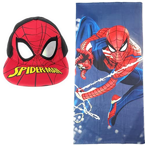Spiderman Handtuch für Strand oder Pool + 3D Spiderman Cap für Kinder | Spiderman Handtuch aus Mikrofaser + 3D-Kappe verstellbar Spiderman Marvel von REQUETEGUAY