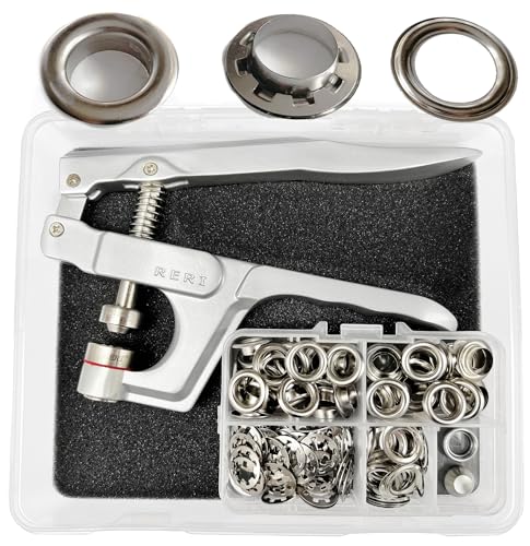 10mm Ösenzange Ösen Set mit Werkzeug Silber Grommet Werbung Ösen Set mit Tüllen Einstellwerkzeug für Stoffe, Segeltücher, Planen, Markisen, Zelte, Banner und Außenwerbung von RERI