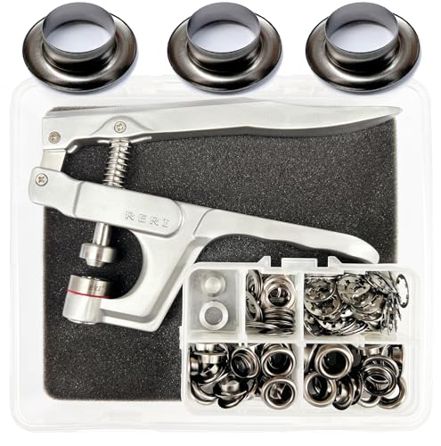 Ösenzange 10mm Ösen Set mit Werkzeug 150set Schwarz Grommet Werbung Ösen Set mit Tüllen Einstellwerkzeug für Stoffe, Segeltücher, Planen, Markisen, Zelte, Banner und Außenwerbung von RERI