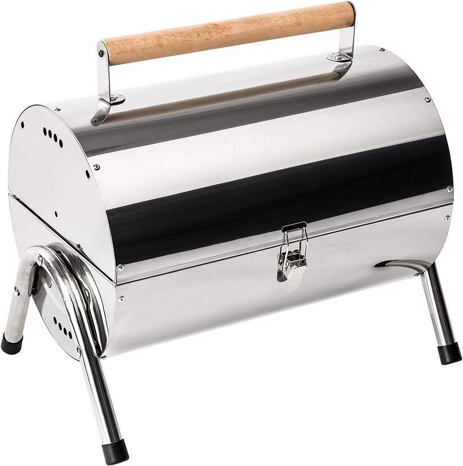 RESCH Holzkohlegrill 502598 mobiler Holzkohle Grill klappbar, Edelstahl Tischgrill tragbar, Mobil, Kohlegrill, klein, ideal für unterwegs, 46x28x36cm, Klappgrill, Rundgrill, Camping, Campinggrill Holz, Faltbarer Grill Tisch, Holzkohlegrill, Klappbarer Grill Holzkohle, Barbecue Grills mit Deckel von RESCH