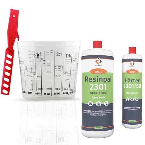 Epoxidharz Resinpal 2301 mit Härter + Mischbecher + Rührstab | 1,5 kg Epoxy Set | Transparent & Glasklar | Zum Laminieren & Gießen | Komplett für Anfänger & Profis | Kunstharz Made in Germany von RESINPAL