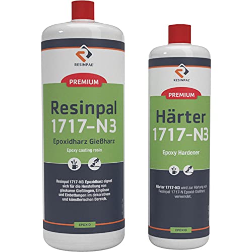 Gießharz glasklar | 1 kg Resinpal 1717-N3 + 0,45 kg Härter Set | Epoxidharz kristallklar | UV-Stabiles Giessharz | Resin zum Gießen | Dickschichtharz bis 20 cm und 15 kg | Für Anfänger & Profis | von RESINPAL