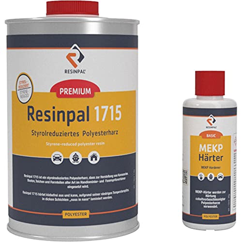Polyesterharz mit Härter | 1 kg Resinpal 1715 + 20 g Härter | Laminierharz | Styrolvermindert | Reparaturharz Set inkl. MEKP-Härter | Zum Laminieren & Reparieren| Kunstharz Made in Germany | von RESINPAL