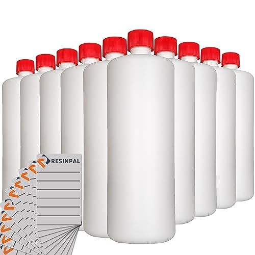 RESINPAL 10 x 1000 ml Kunststoffflasche | Leerflasche mit Kindersicherung & Beschriftungssticker | HDPE Plastikflasche | Rundflasche von RESINPAL