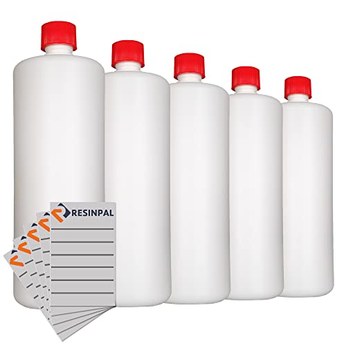 RESINPAL 5 x 1000 ml Kunststoffflasche | Leerflasche mit Kindersicherung & Beschriftungssticker | HDPE Plastikflasche | Rundflasche von RESINPAL