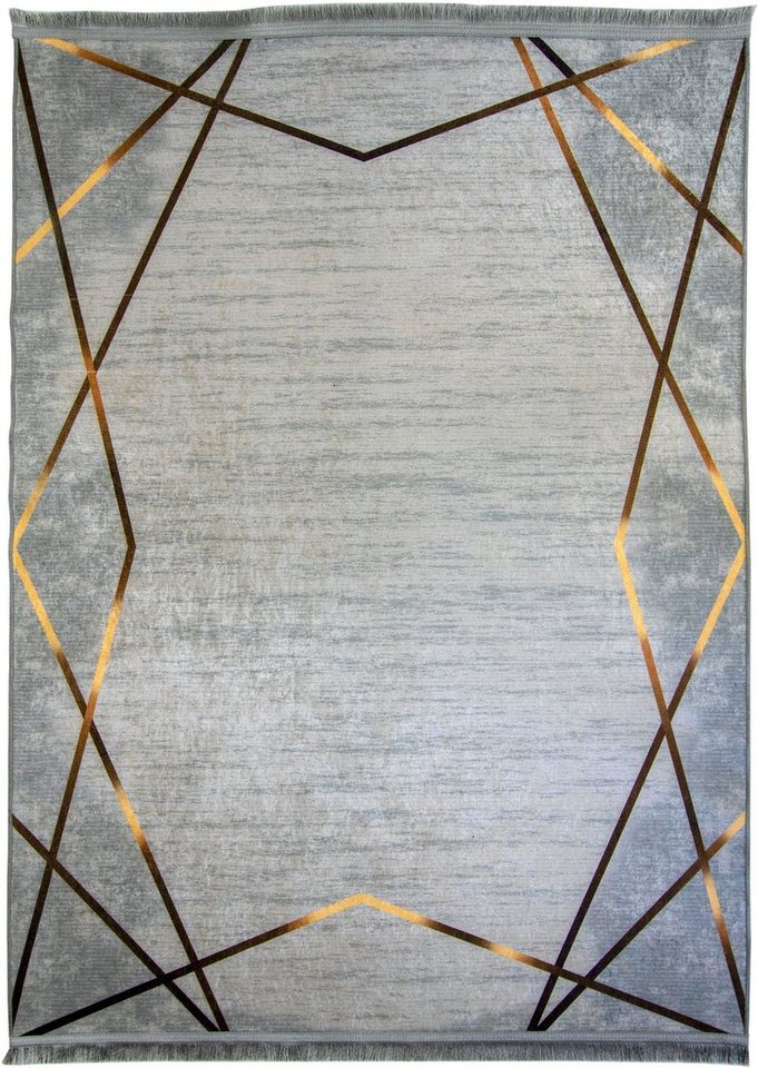 Teppich Sultan 0014, RESITAL The Voice of Carpet, rechteckig, Höhe: 7 mm, Kurzflor, bedruckt, goldfarbene Akzente, mit Bordüre & Fransen von RESITAL The Voice of Carpet