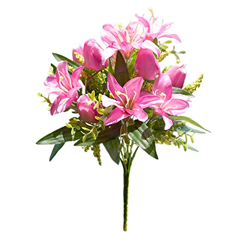 RESOYE Künstliche Tulpen, Lilien, Friedhofsblumen, 2 Stück, 39,1 cm, Seide, Tulpen, Grab, Dekorationen, Mischung, Tulpen, Lilien, Blumenstrauß für Draußen, Grab von RESOYE