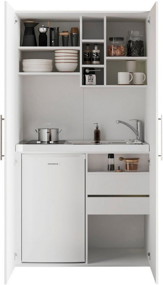 RESPEKTA Pantryküche Peter, Kochfeld von SCHOTT CERAN®, wahlw. mit Mikrowelle, Korpus Weiß, Breite 104 cm, in exclusiver Konfiguration für OTTO von RESPEKTA