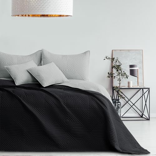 RESTILO Tagesdecke 170x210 cm Schwarz Silber Bettüberwürf zweiseitig Ultrasonic Steppung Polyester Softa von RESTILO