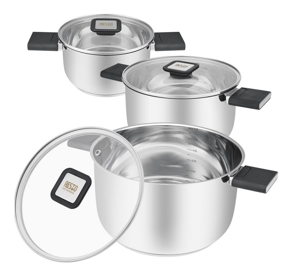 RESTO Kitchenware Topf-Set Anser, energiesparend und spülmaschinenfest, im Geschenkkarton, Edelstahl 18/10 (Set, 6-tlg., 1x Kochtopf Ø 16 cm, 1x Kochtopf Ø 20 cm, 1x Kochtopf Ø 24 cm), Geeignet für alle Herdarten, auch Induktion, mit klappbaren Griffen von RESTO Kitchenware
