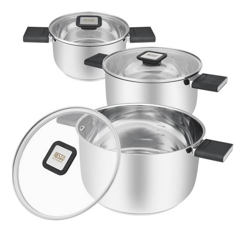 RESTO Kitchenware Topf-Set Anser, energiesparend und spülmaschinenfest, im Geschenkkarton, Edelstahl 18/10 (Set, 6-tlg., 1x Kochtopf Ø 16 cm, 1x Kochtopf Ø 20 cm, 1x Kochtopf Ø 24 cm), Geeignet für alle Herdarten, auch Induktion, mit klappbaren Griffen von RESTO Kitchenware