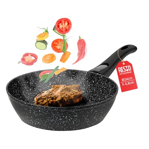 RESTO 93040 Bratpfanne 24 cm tiefe Pfanne - Wokpfanne mit vierschichtiger Marmor-Antihaftbeschichtung - abnehmbarer Griff - für alle Herdarten geeignet, auch Induktion (h=6,8 cm) von RESTO