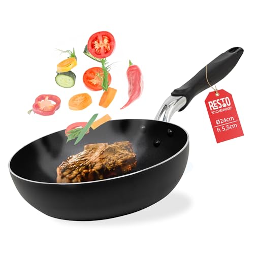 RESTO moderne Wokpfanne 24 cm, Wok, Bratpfanne mit hohem Rand - Antihaftbeschichtung – Ergonomischer Griff mit Aufhängeöse und Antiverformungsscheibe - Für alle Herdarten geeignet, auch Induktion von RESTO