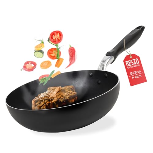 RESTO moderne Wokpfanne 28 cm, Wok, Bratpfanne mit hohem Rand - Antihaftbeschichtung – Ergonomischer Griff mit Aufhängeöse und Antiverformungsscheibe - Für alle Herdarten geeignet, auch Induktion von RESTO