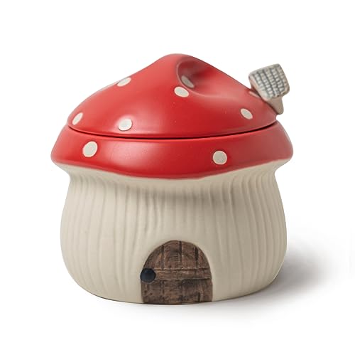 RESVUGA Keramik Zucker Schüssel mit Deckel und Löffel, Nettes Pilzhaus Design. Porzellan Gewürz Aufbewahrungsglas, 320 ml. (Rot) von RESVUGA