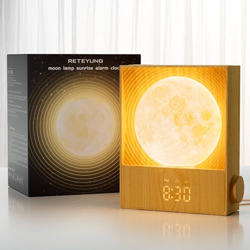 RETEYUNG Wecker mit automatisch rotierendem Mond, Kinderwecker mit 8 RGB-Farben Mondlicht, Snooze-Funktion, 10 Naturklängen und Nachtlicht, Deko für Wohnzimmer oder Schlafzimmer von RETEYUNG