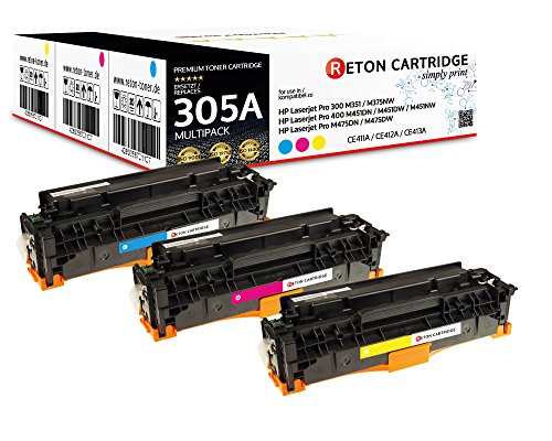 Original Reton Toner, kompatibel, 3er Farbset für HP PRO 400 Color M451NW (CE411A, CE412A, CE413A), HP 305A, Printer M451DW, M451NW, Color Laserjet M351A, Laserjet PRO 300 M351A von RETON CARTRIDGE