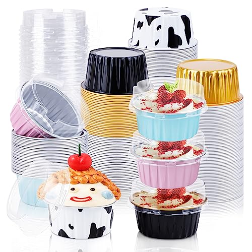 RETON 100 Stücke Backförmchen aus Aluminiumfolie, Wasserdicht Muffinförmchen mit Deckel, 5 oz Cupcake Förmchen Muffinförmchen Aluminiumfolie für Cupcakes, Muffins, Käsekuchen, Dessert (5 Farben) von RETON