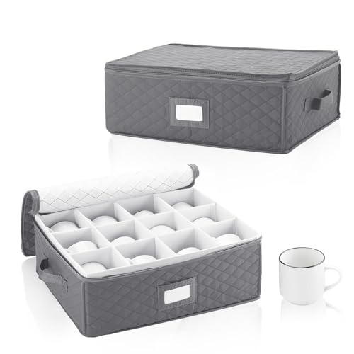 RETON 2 Stück Becher Aufbewahrungsbox mit Teilern, Kaffeetasse Aufbewahrungstruhen mit Reißverschluss-Deckeln, Teetassen Aufbewahrungskoffer Hartschale und stapelbar für Kaffee, Teetasse, Bar Gläser von RETON