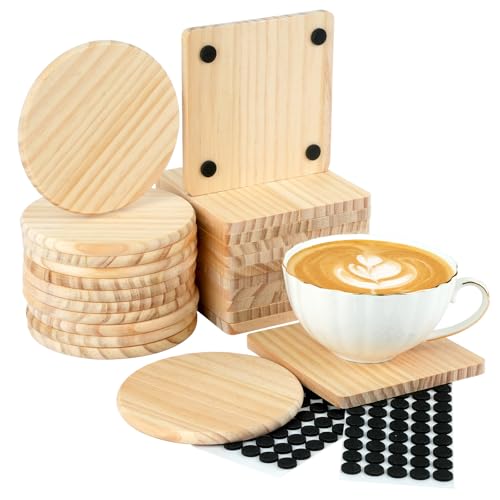 RETON 24 Stück Untersetzer Holz, 10.2cm/4in Quadratisch Rund Holzuntersetzer mit 100 weichen Fußpolstern, Glasuntersetzer Tassen untersetzer Getränkeuntersetzer für Getränken, DIY, Kunstkreation von RETON