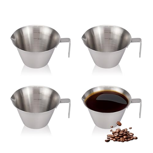 RETON 4 Stück Espresso-Messbecher, 100 ml edelstahlene Espressobecher mit Griff, Metall Espresso Gläser mit doppelter Skala, Mini-Milchbecher für die Messung von Barista-Kaffee (3.4OZ) von RETON