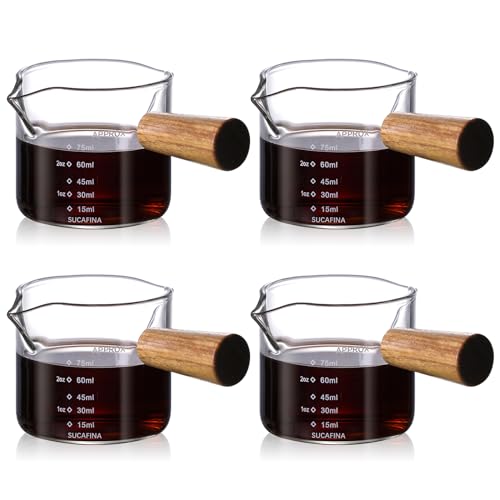 RETON 4 Stück Espressotassen mit Holzgriff, 75ml Messbecher Glas mit Doppelskala und Doppelauslauf, Espresso Gläser mit V-FöRmige AusgießEr für Kaffee, Milch, Saft, Flüssigkeit (2.5OZ) von RETON