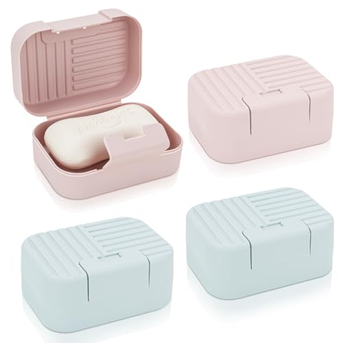 RETON 4 Stück Reise Seifendose, Tragbarer Seifenbox mit Deckel, Seifendose Reise Wasserdicht, Kunststoff Seifenschalen für Dusche, Badezimmer, Reisen, Camping, Fitnessstudio (blau + pink) von RETON