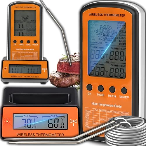 Retoo Grillthermometer Kabellos Fleischthermometer Digital Bratenthermometer Küchenthermometer 2 Externe Sonde Ofenthermometer für Grill Backen Braten Hinterbeleuchtung Temperaturbereich -50/+300°C von Retoo