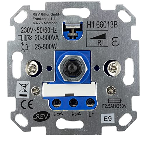 REV 0399610006 REV TECHNIK, Dimmer, Helligkeitsregler 25-500W, 230VAC, Trafol.: 20-500VA, Unterputz, silbern von REV