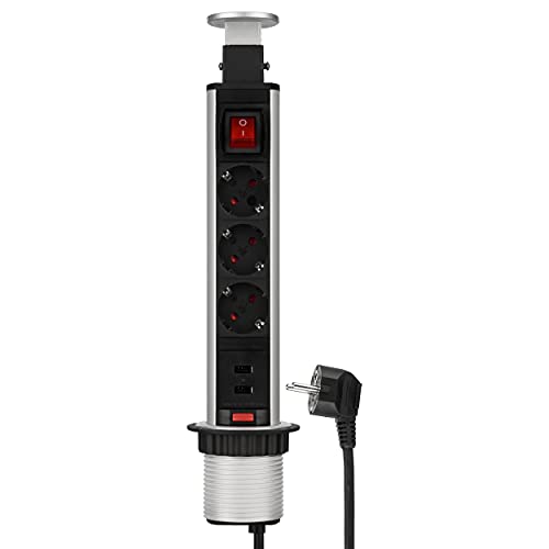 REV 0012398712 Mehrfachsteckdose, Steckdosensäule 3fach + USB, versenkb. 1,5m, 3500W, schwarz von REV