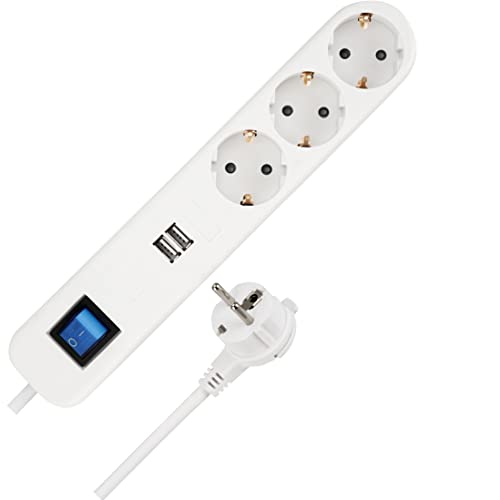 REV ICE Steckdosenleiste mit USB, Steckerleiste 3fach, USB Steckdose, 2x USB, Ladegerät, 1,4m, max. 3680W, weiss von REV