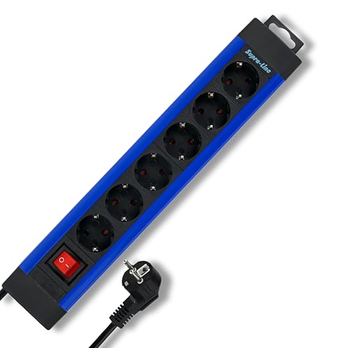 REV SupraLine Steckdosenleiste 6-Fach - Mehrfachsteckdose mit Schalter, 2,4m Kabel, Wandmontage & Kabelknickschutz, blau von REV