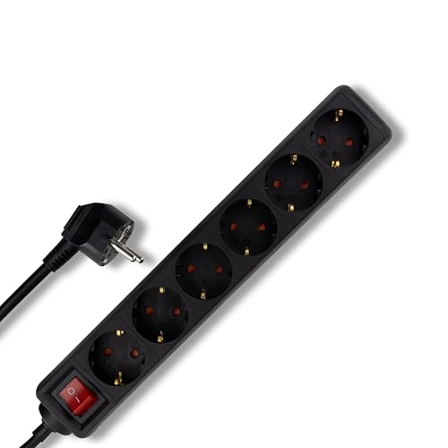 REV Steckdosenleiste - Mehrfachsteckdose 6-fach mit beleuchtetem Schalter zum Stromsparen, Kabel 1,4m, max. 3500W, schwarz von REV